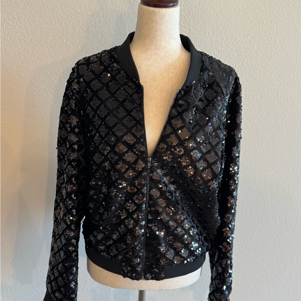 Shinestar Black Sequin Bomber Jacket